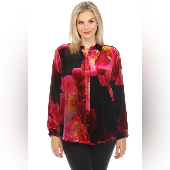 NWT Johnny Was Velvet Oversized Shirt In Ruby Bloom